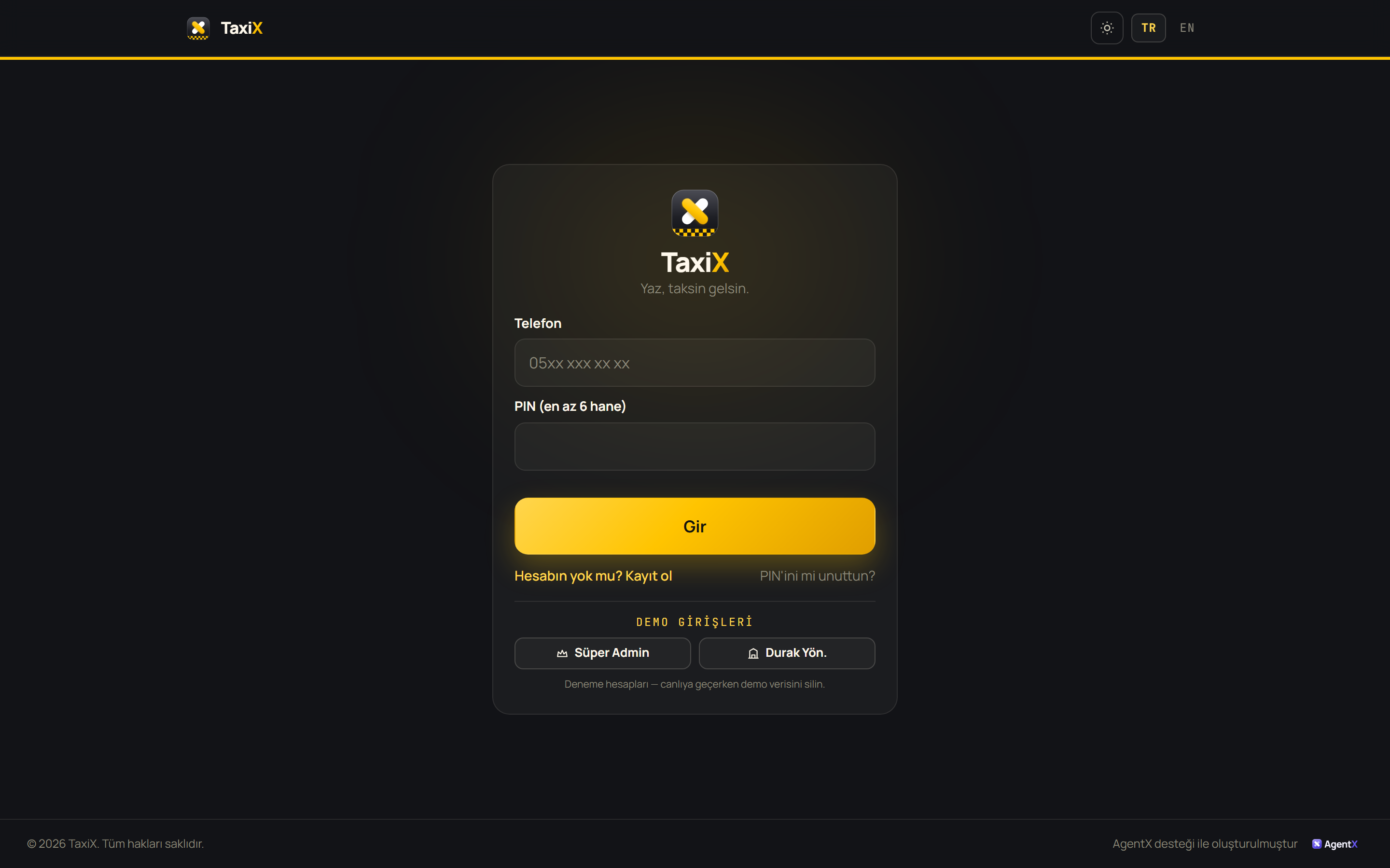 TaxiX giriş ekranı