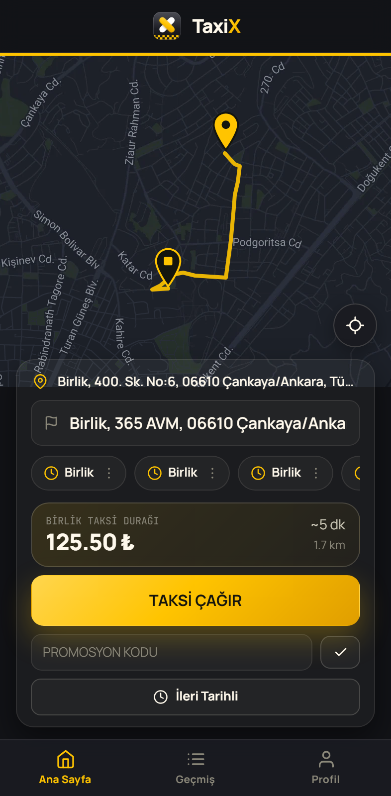 TaxiX müşteri uygulaması — haritadan taksi çağırma, anlık fiyat ve rota