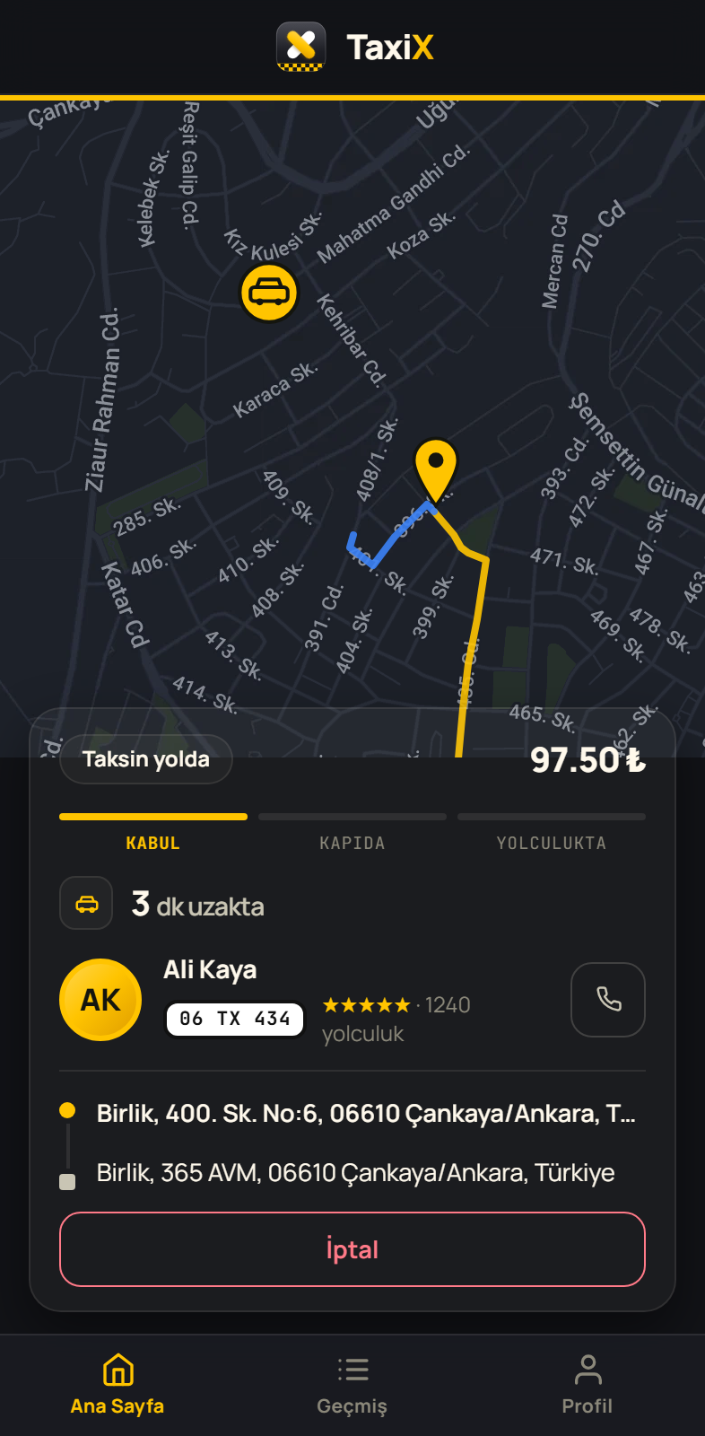 TaxiX canlı takip — taksi yolda, mavi yaklaşma rotası ve sürücü profili