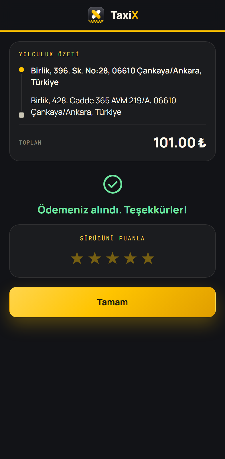 Ödeme alındı ekranı ve sürücü puanlama